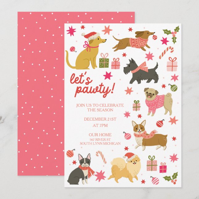 Festive Dogs Pink Christmas Party Invitation (Front/Back)