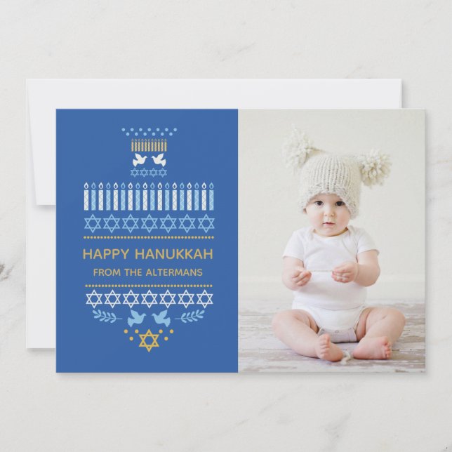 Festive Dreidel Icons Hanukkah Holiday Blue Gold Card (Front)