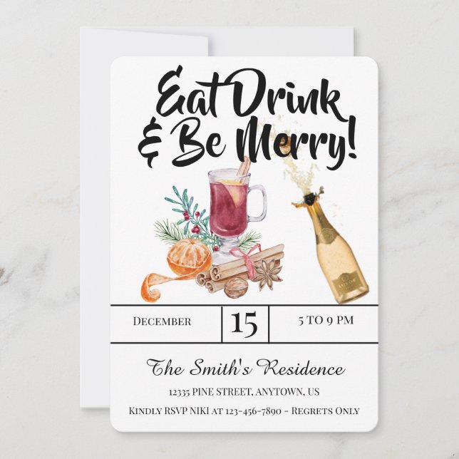 Festive Drinks Party Eat Drink & Be Merry! Invitation (Front)
