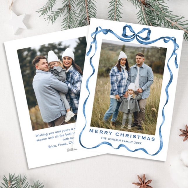 Festive Dusty Blue Christmas Bow Ribbon 2 Photo Holiday Card (Creator Uploaded)