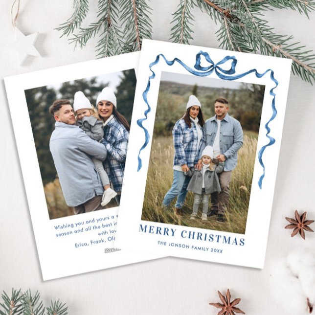 Festive Dusty Blue Christmas Bow Ribbon 2 Photo Holiday Card (Creator Uploaded)