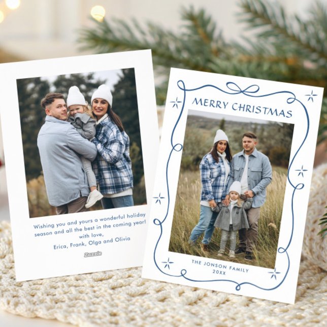 Festive Dusty Blue Christmas Bow Ribbon 2 Photo Holiday Card (Creator Uploaded)