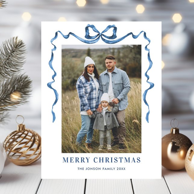 Festive Dusty Blue Christmas Bow Ribbon 2 Photo Postcard (Creator Uploaded)