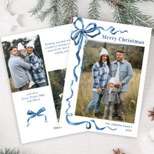 Festive Dusty Blue Christmas Bow Ribbon 3 Photo Holiday Card