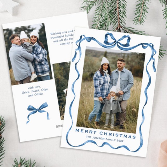 Festive Dusty Blue Christmas Bow Ribbon 3 Photo Holiday Card (Creator Uploaded)