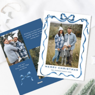 Festive Dusty Blue Christmas Bow Ribbon 3 Photo Holiday Card