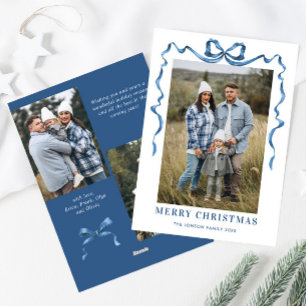 Festive Dusty Blue Christmas Bow Ribbon 3 Photo Holiday Card