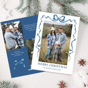 Festive Dusty Blue Christmas Bow Ribbon 3 Photo Holiday Card
