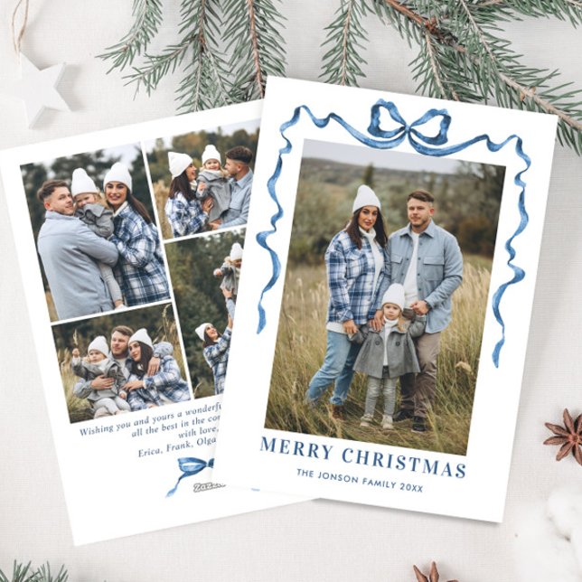 Festive Dusty Blue Christmas Bow Ribbon 5 Photo Holiday Card (Creator Uploaded)