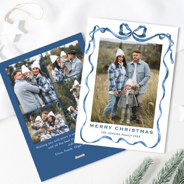Festive Dusty Blue Christmas Bow Ribbon 5 Photo Holiday Card (Creator Uploaded)