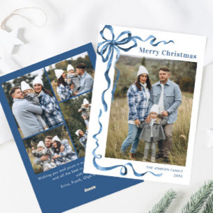 Festive Dusty Blue Christmas Bow Ribbon 5 Photo Holiday Card