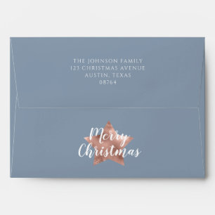 Festive Dusty Blue Rose Gold Star Christmas Envelope