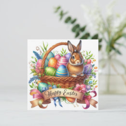 Festive Easter Basket Bunny Illustration  Holiday Card
