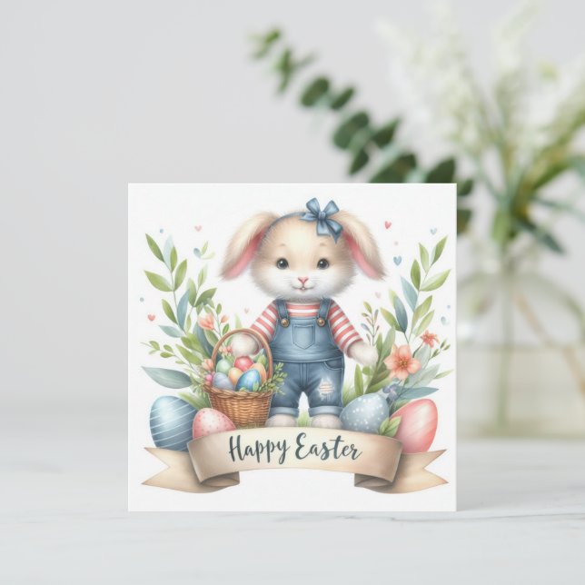Festive Easter Basket Bunny Overalls Illustration  Holiday Card (Standing Front)