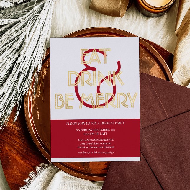 Festive Eat Drink & Be Merry Christmas Party Gold Foil Holiday Card (Creator Uploaded)