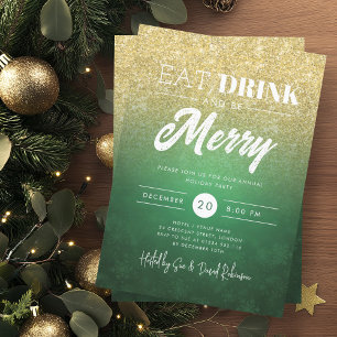 Festive Eat & Drink Gold Green Holiday Christmas  Invitation