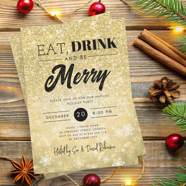 Festive "Eat & Drink" Gold Holiday Christmas Party Invitation (Festive "Eat & Drink" Gold Holiday Christmas Party Invitation)