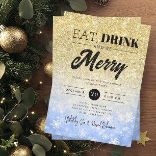 Festive Eat & Drink Gold Navy Holiday Christmas  Invitation