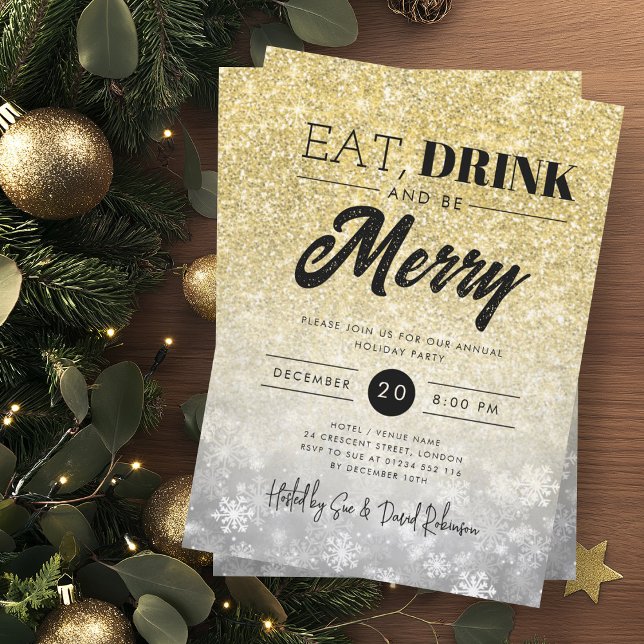 Festive Eat & Drink Gold Silver Holiday Christmas  Invitation (Festive Eat & Drink Gold Silver Holiday Christmas Invitation)