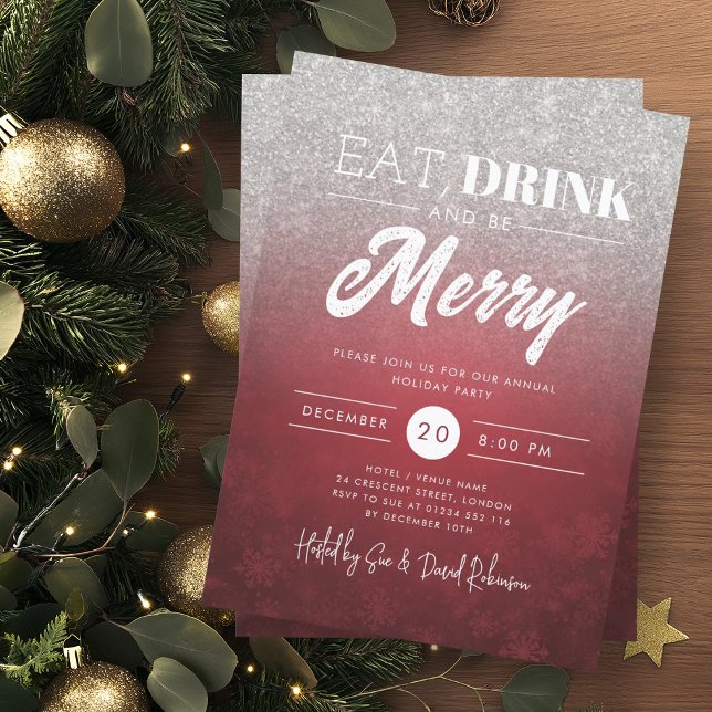 Festive Eat & Drink Silver Red Holiday Xmas Party Invitation (Festive Eat & Drink Silver Red Holiday Xmas Party Invitation)
