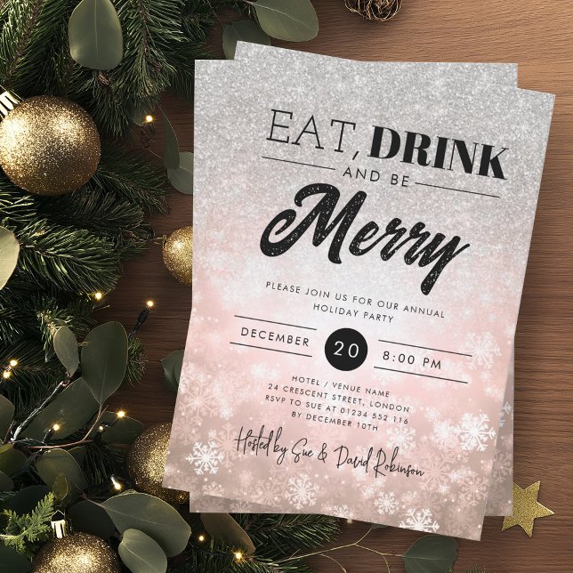 Festive Eat & Drink Silver Rose Gold Holiday Xmas  Invitation (Festive Eat & Drink Silver Rose Gold Holiday Xmas Invitation)
