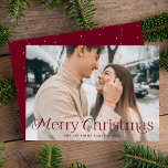 Festive Elegance Burgundy Merry Christmas Photo Holiday Card<br><div class="desc">Simple holiday card featuring your full-bleed horizontal photo with "Merry Christmas" displayed in elegant burgundy lettering. Personalise the elegant photo Christmas card with your family name and the year. The card reverses to display a burgundy background with subtle white dots.</div>