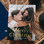 Festive Elegance Merry Christmas Navy Photo Foil Holiday Card<br><div class="desc">Simple holiday card featuring your full-bleed vertical photo with "Merry Christmas" displayed in elegant gold foil lettering. Personalise the foil photo Christmas card with your family name and the year. The card reverses to display a navy background with subtle white dots.</div>