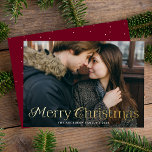 Festive Elegance Merry Christmas Photo Foil Holiday Card<br><div class="desc">Simple holiday card featuring your full-bleed horizontal photo with "Merry Christmas" displayed in elegant gold foil lettering. Personalise the foil photo Christmas card with your family name and the year. The card reverses to display a burgundy background with subtle white dots.</div>