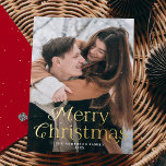 Festive Elegance Merry Christmas Red Photo Foil Holiday Card<br><div class="desc">Simple holiday card featuring your full-bleed vertical photo with "Merry Christmas" displayed in elegant gold foil lettering. Personalise the foil photo Christmas card with your family name and the year. The card reverses to display a red background with subtle white dots.</div>