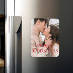 Festive Elegance Red Merry Christmas Photo Magnet<br><div class="desc">Simple holiday magnet featuring your full-bleed vertical photo with "Merry Christmas" displayed in elegant red lettering. Personalize the elegant Christmas photo magnet with your family name and the year.</div>