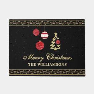 Festive Elegant Christmas Holiday Ornaments Name Doormat