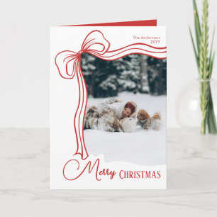 Festive Elegant Hand Drawn Red White Bow Christmas Holiday Card