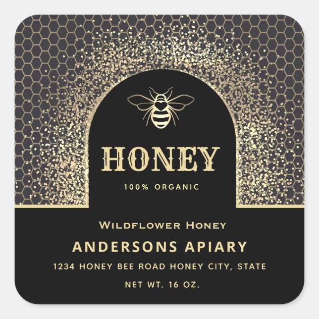 Festive elegant Modern gold honey bee honey jar Square Sticker (Front)