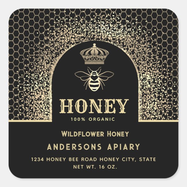 Festive elegant Modern gold queen bee honey jar Square Sticker (Front)