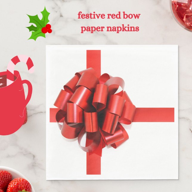 Festive Elegant Red Christmas Bow on White Glam Napkin (Festive red bow paper napkins to adorn your holiday table)