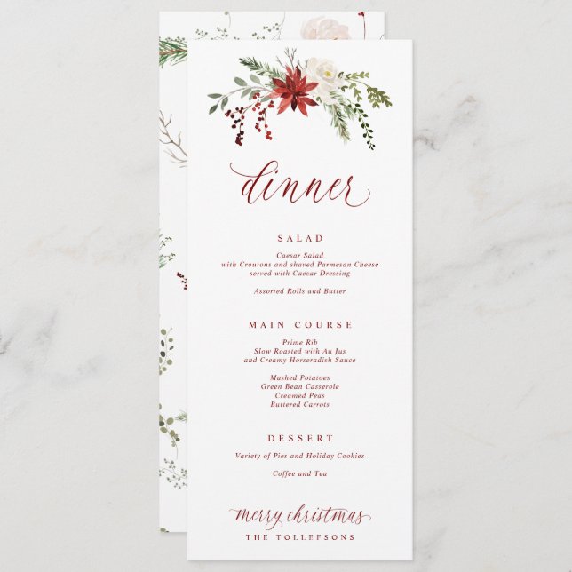 Festive Elegant Watercolor Christmas Dinner Menu (Front/Back)