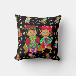 Festive  Elves and Christmas Candy Whimsical Cushion