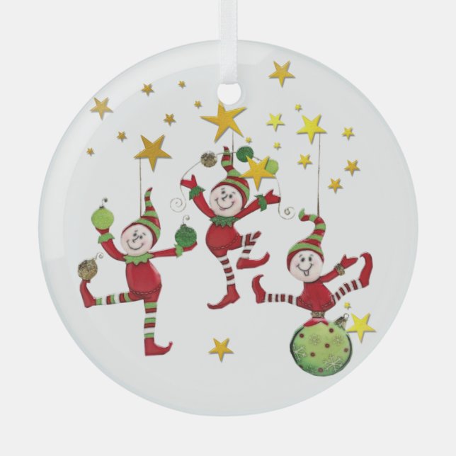 Festive Elves Christmas Glass Tree Decoration (Front)