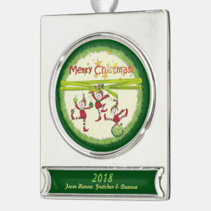 Festive Elves Christmas PERSONALIZED Silver Plated Banner Ornament