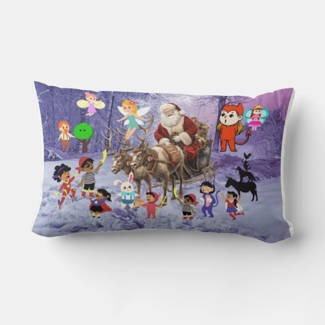 Festive Enchanting Snowy Christmas and Santa Claus Lumbar Cushion (Back)