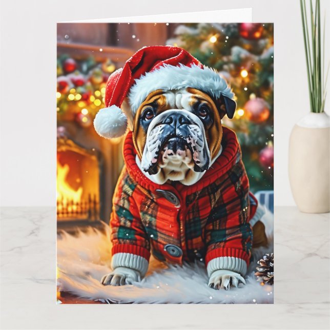 Festive English Bulldog with a Santa Hat Card (Front)