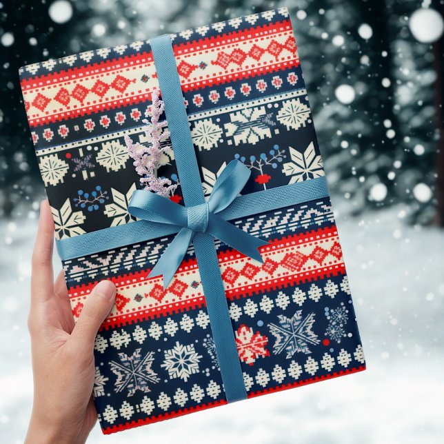 Festive Fair Isle Navy Red Ugly Christmas Sweater Wrapping Paper (Creator Uploaded)