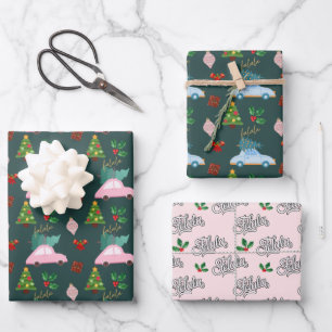 Festive Falala Christmas Tree Vintage Pink Retro Wrapping Paper Sheet