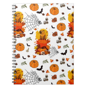 Festive Fall capybar with Pumpkins, Spiders Notebook