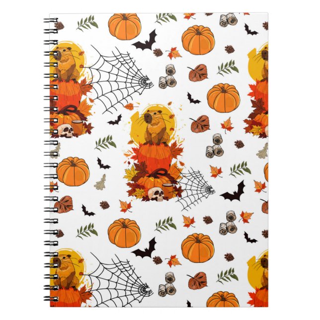 Festive Fall capybar with Pumpkins, Spiders Notebook (Front)