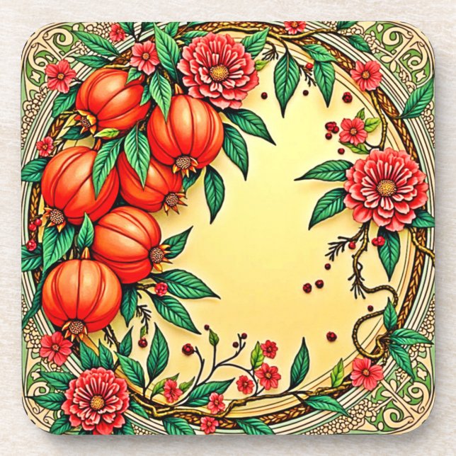 Festive Fall Floral Illustration Design Coaster (Front)