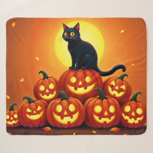 Festive fall Halloween art black feline friend Sherpa Blanket