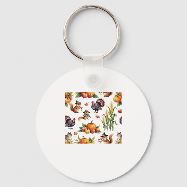 Festive Fall Harvest Watercolor Pattern Classic T- Key Ring (Front)