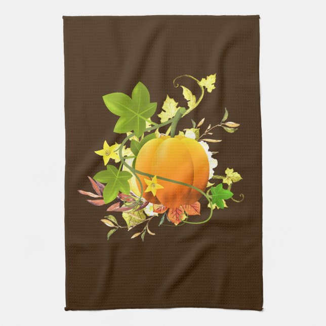 Festive Fall Leaves with Pumpkin Seasonal Decor Tea Towel (Vertical)