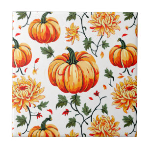 Festive Fall Pumpkins and Chrysanthemums Ceramic Tile